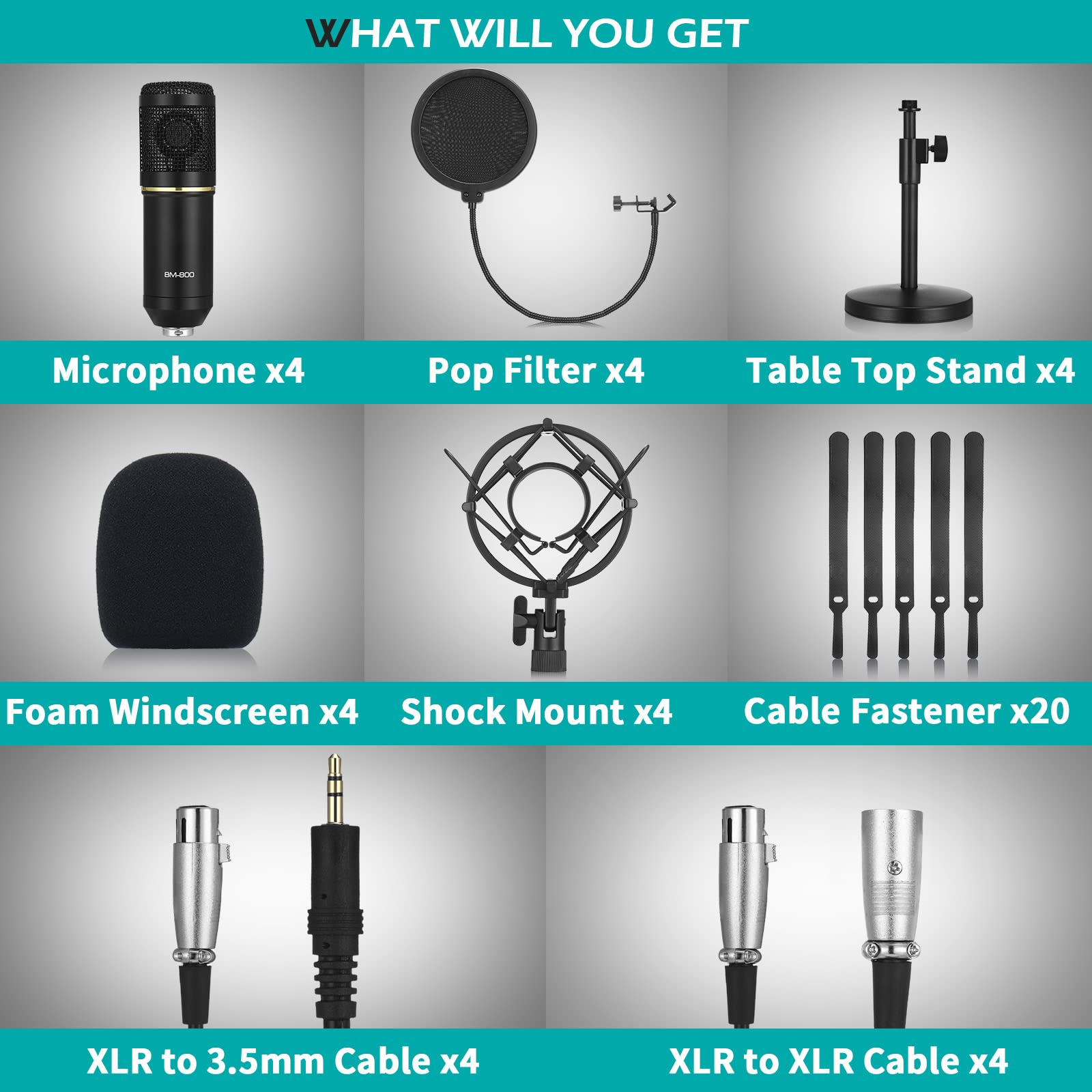 4 Pack XLR Condenser Microphone Professional Studio Cardioid Microphone Kit Includes Cardioid Mics Shock Stand Windproof Cotton